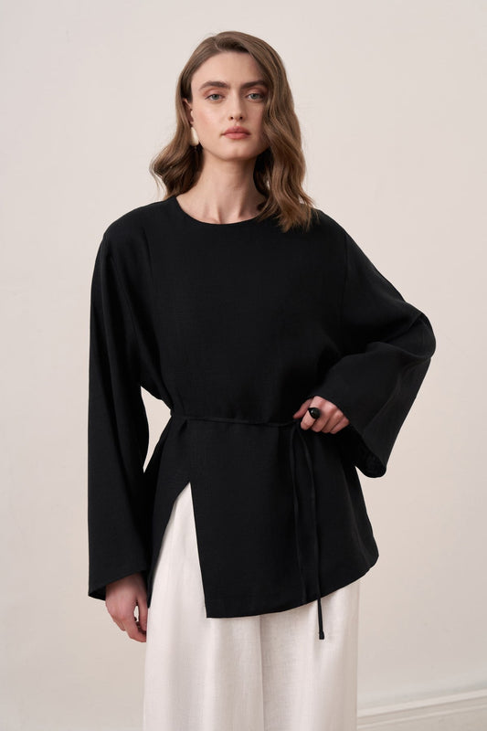 Solmar Belted Linen Blouse - Black