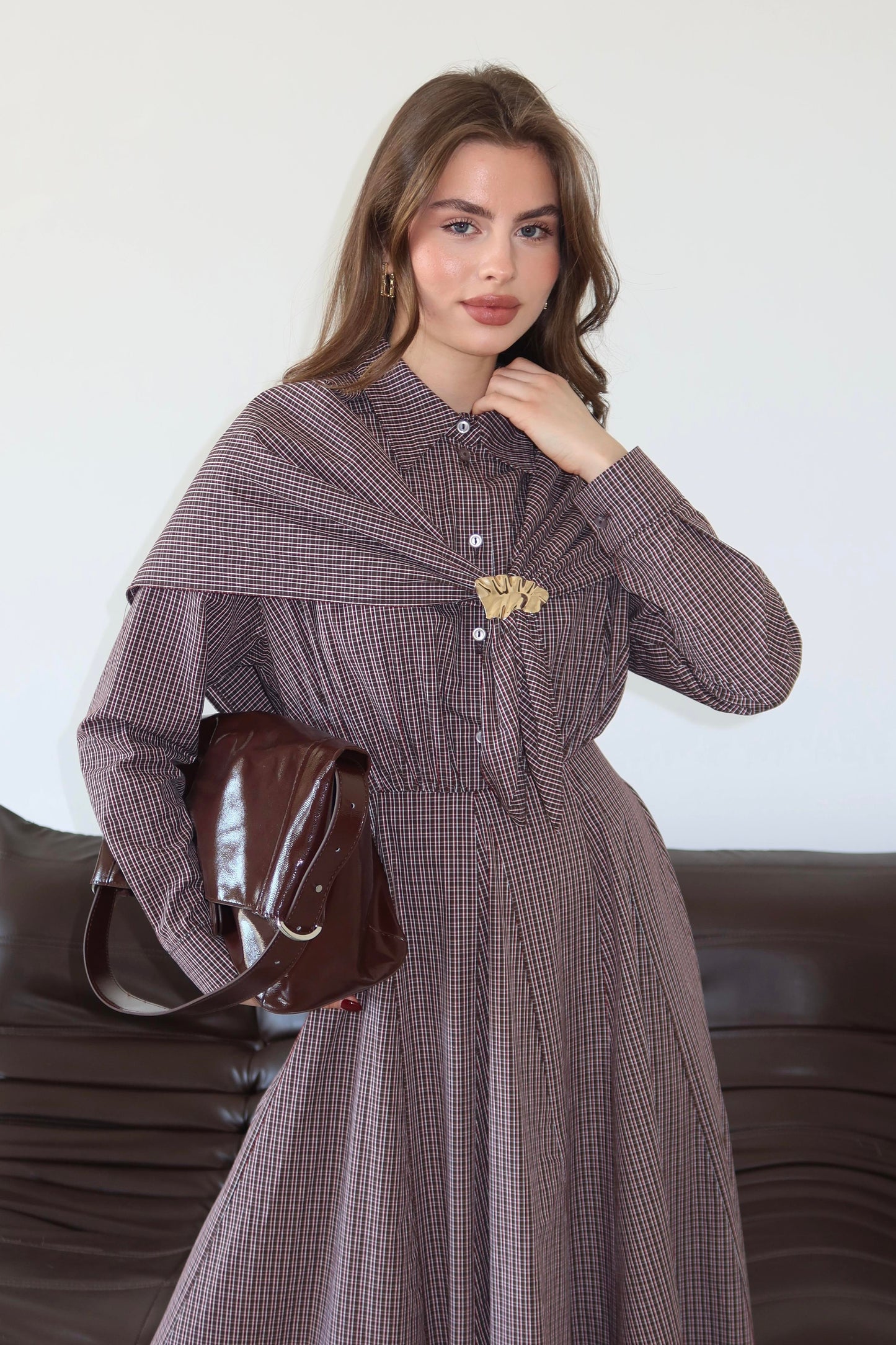 Milena Scarf Detail Shirt Dress- Brown
