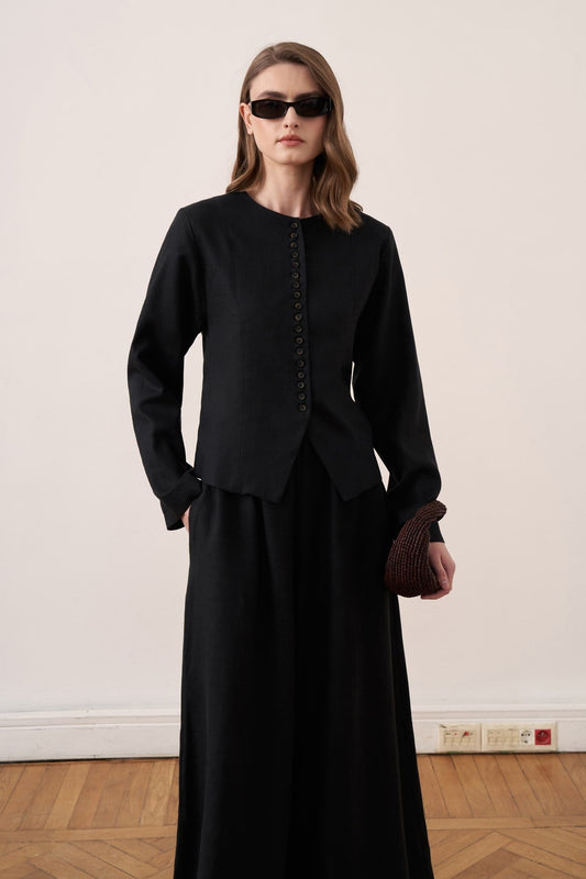 Costera Buttoned Linen Blouse - Black