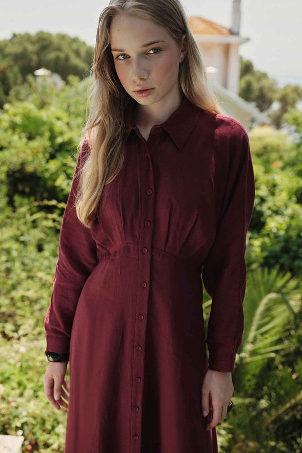 Yara - 100% Linen Raglan Sleeve Buttoned Dress & Burgundy
