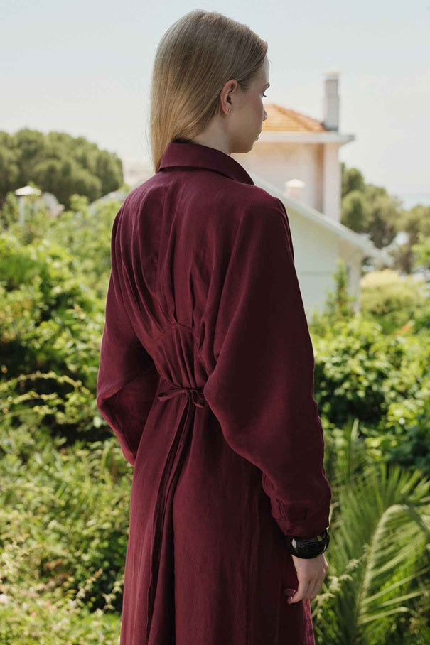 Yara - 100% Linen Raglan Sleeve Buttoned Dress & Burgundy