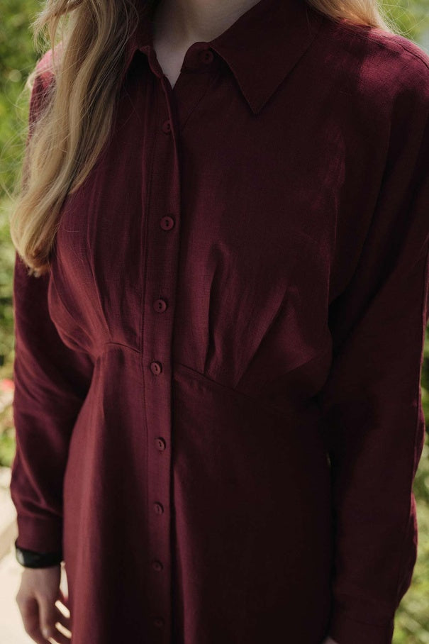 Yara - 100% Linen Raglan Sleeve Buttoned Dress & Burgundy
