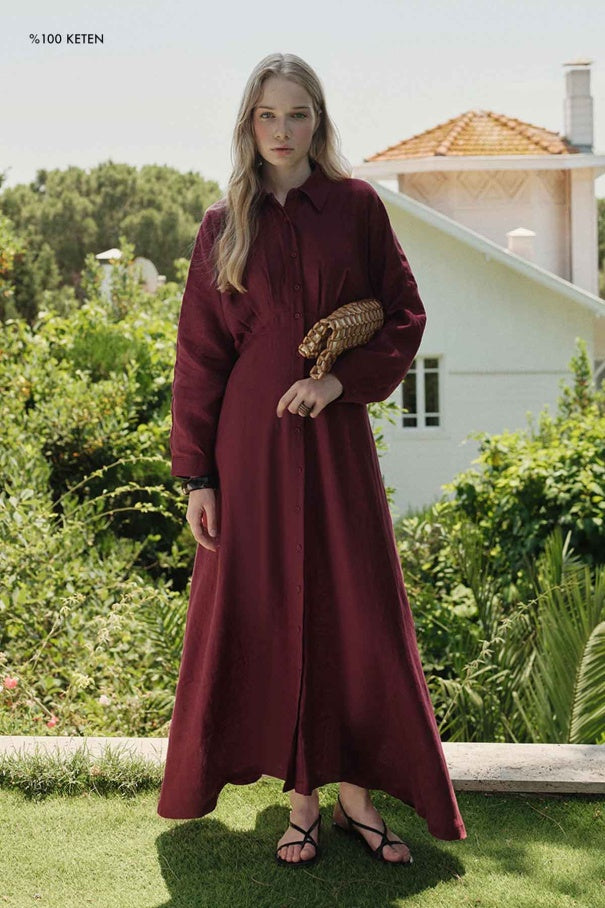 Yara - 100% Linen Raglan Sleeve Buttoned Dress & Burgundy