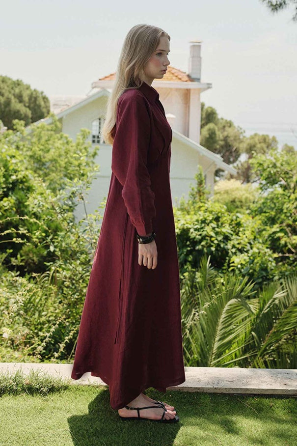 Yara - 100% Linen Raglan Sleeve Buttoned Dress & Burgundy