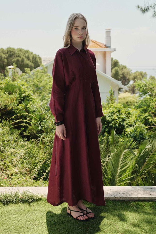 Yara - 100% Linen Raglan Sleeve Buttoned Dress & Burgundy
