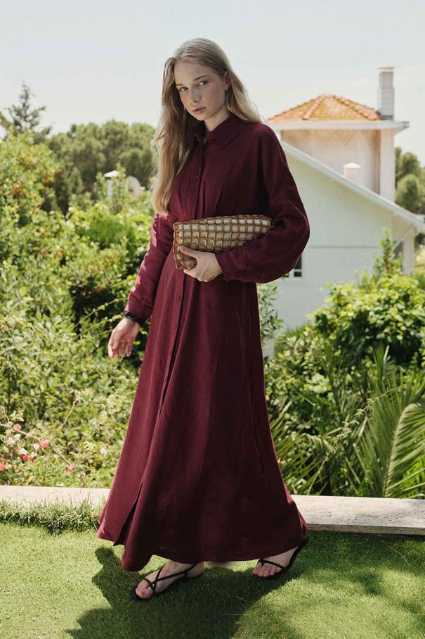 Yara - 100% Linen Raglan Sleeve Buttoned Dress & Burgundy
