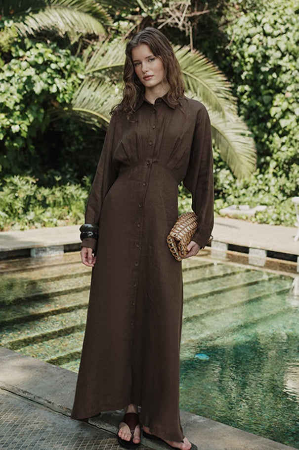 Yara - 100% Linen Raglan Sleeve Buttoned Dress & Brown