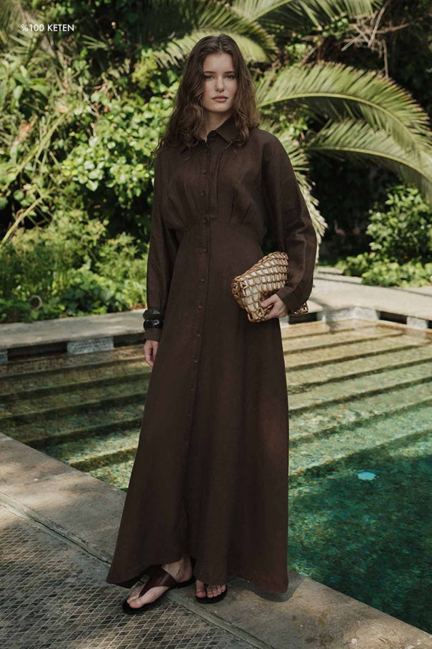 Yara - 100% Linen Raglan Sleeve Buttoned Dress & Brown