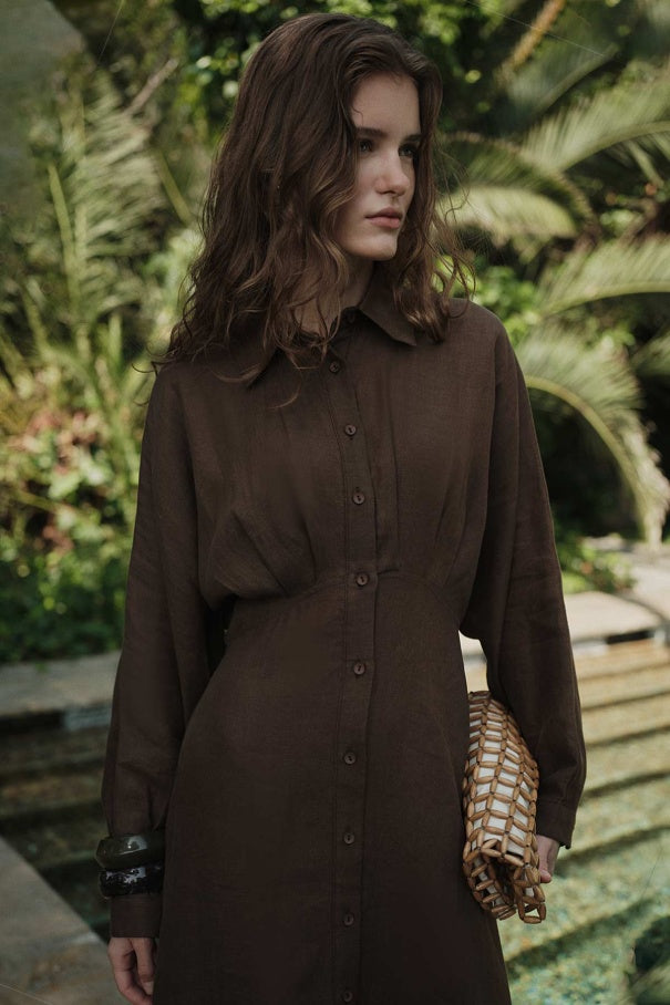 Yara - 100% Linen Raglan Sleeve Buttoned Dress & Brown