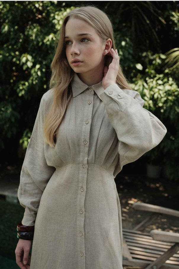 Yara - 100% Linen Raglan Sleeve Buttoned Dress & Stone