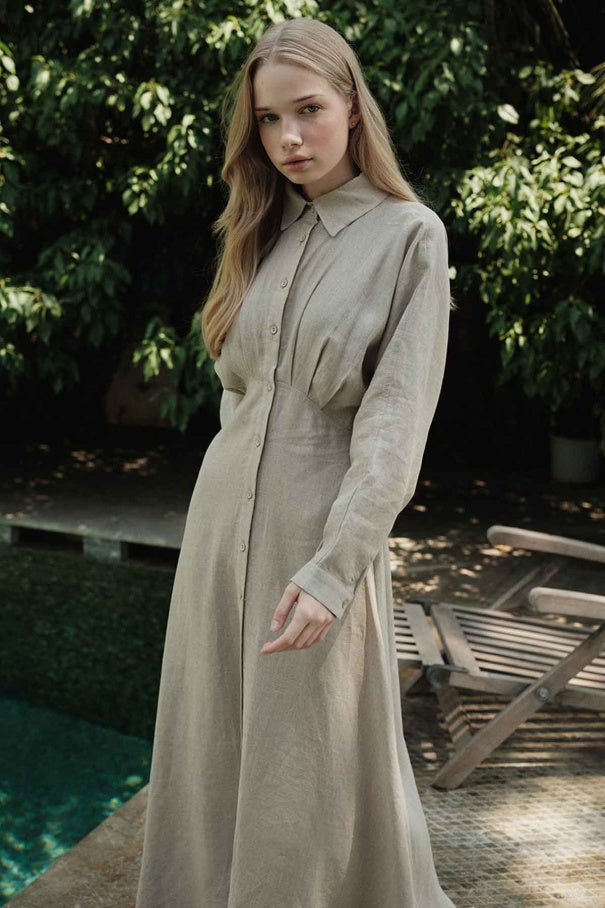 Yara - 100% Linen Raglan Sleeve Buttoned Dress & Stone