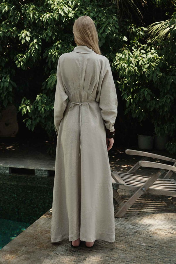 Yara - 100% Linen Raglan Sleeve Buttoned Dress & Stone