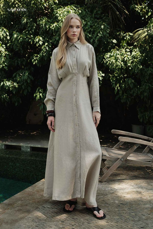 Yara - 100% Linen Raglan Sleeve Buttoned Dress & Stone
