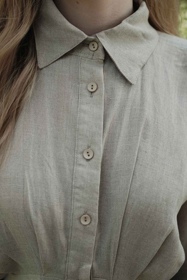 Yara - 100% Linen Raglan Sleeve Buttoned Dress & Stone