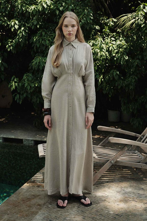 Yara - 100% Linen Raglan Sleeve Buttoned Dress & Stone
