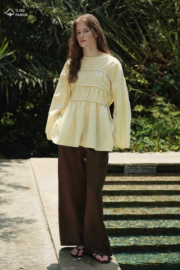 Esme - Gathered Detail Cotton Voile Tunic & Butter Yellow