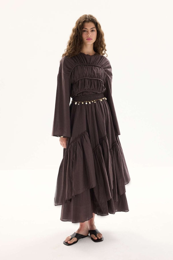 Esme - Gathered Detail Cotton Voile Tunic & Brown