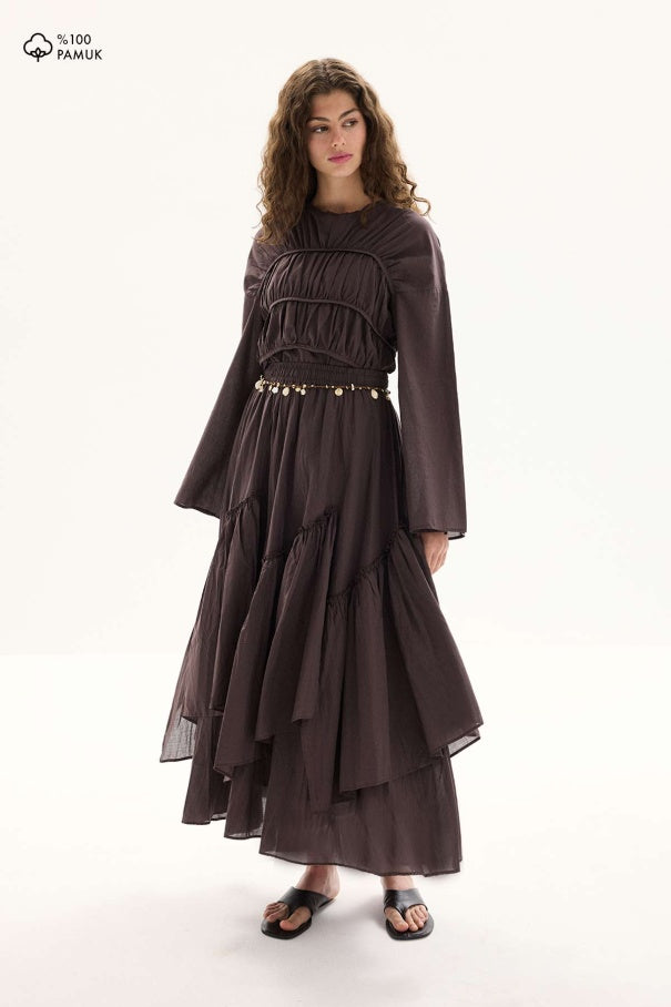 Esme - Gathered Detail Cotton Voile Tunic & Brown