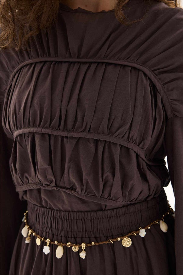 Esme - Gathered Detail Cotton Voile Tunic & Brown