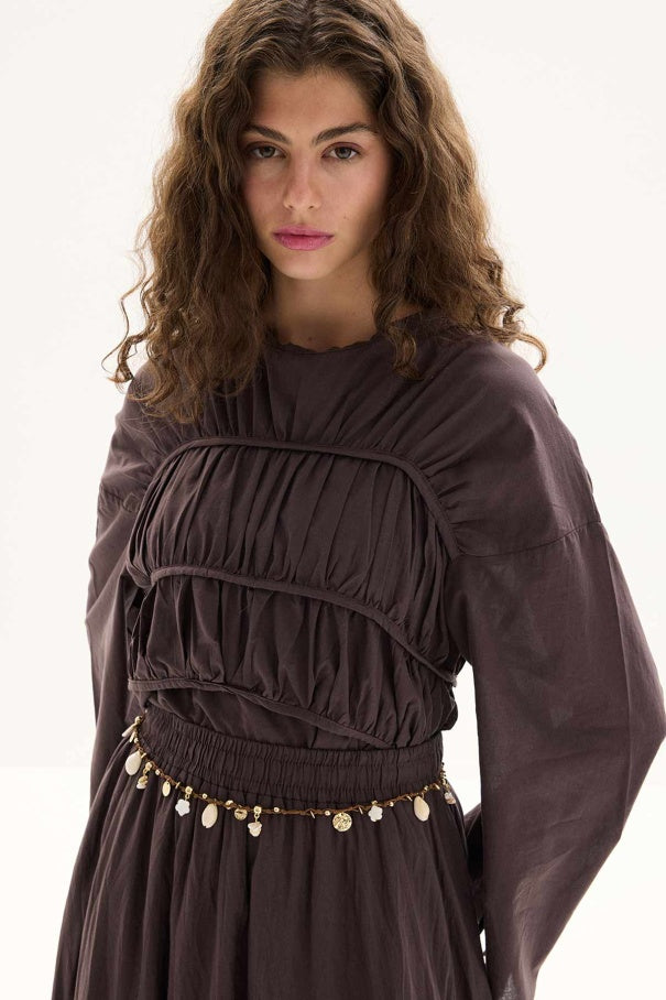 Esme - Gathered Detail Cotton Voile Tunic & Brown