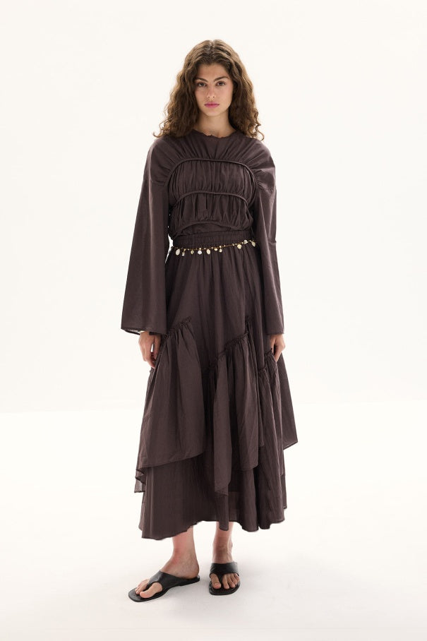 Esme - Gathered Detail Cotton Voile Tunic & Brown