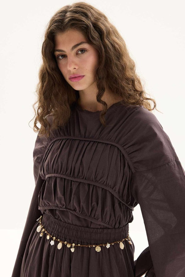 Esme - Gathered Detail Cotton Voile Tunic & Brown