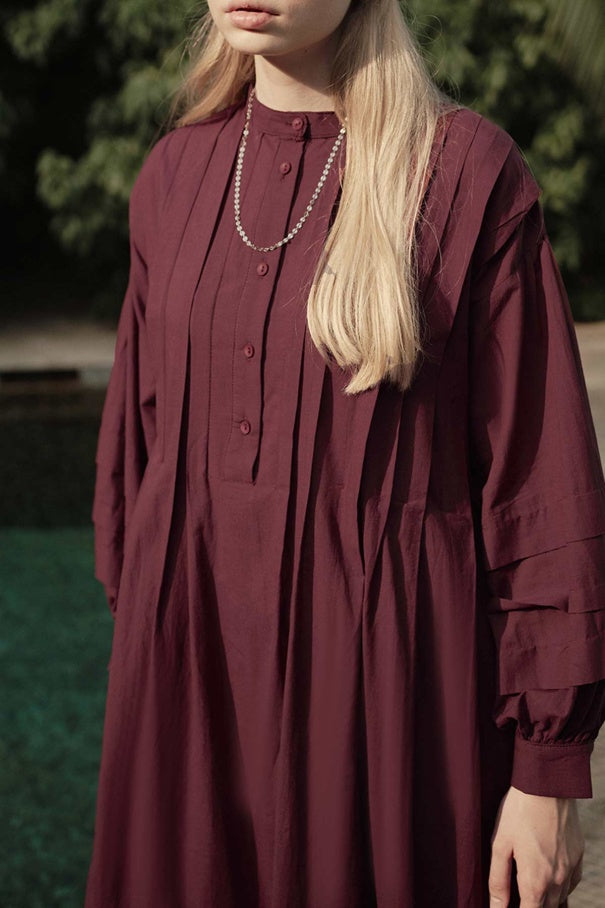 Zara - 100% Cotton Voile Long Dress with Pin-Tuck Details & Deep Burgundy