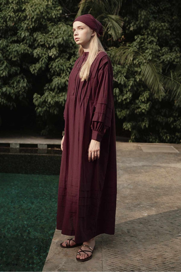 Zara - 100% Cotton Voile Long Dress with Pin-Tuck Details & Deep Burgundy
