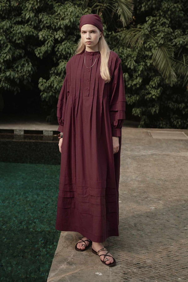 Zara - 100% Cotton Voile Long Dress with Pin-Tuck Details & Deep Burgundy