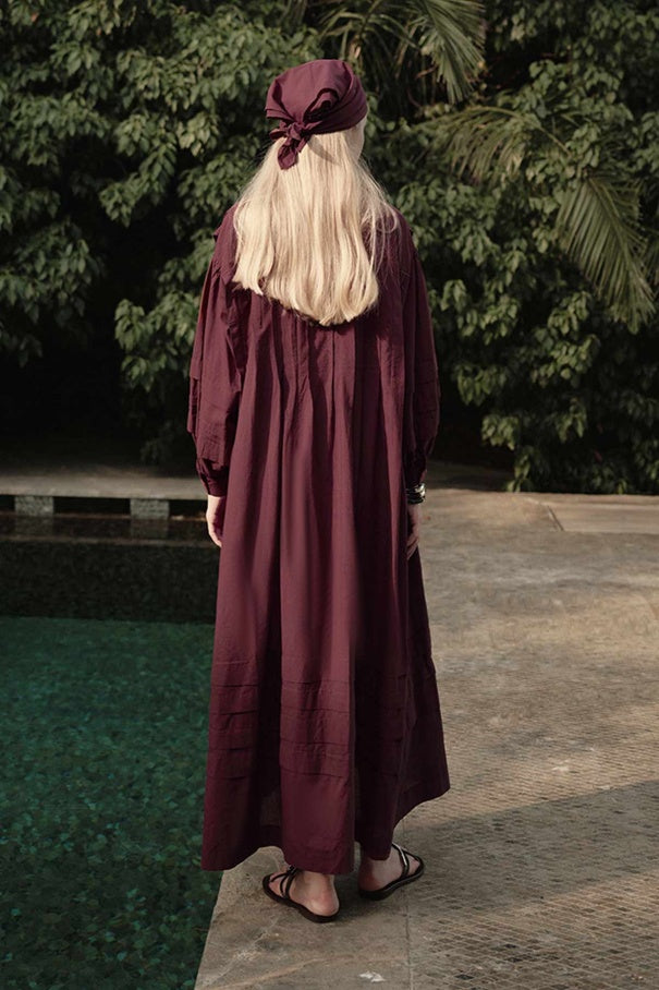 Zara - 100% Cotton Voile Long Dress with Pin-Tuck Details & Deep Burgundy