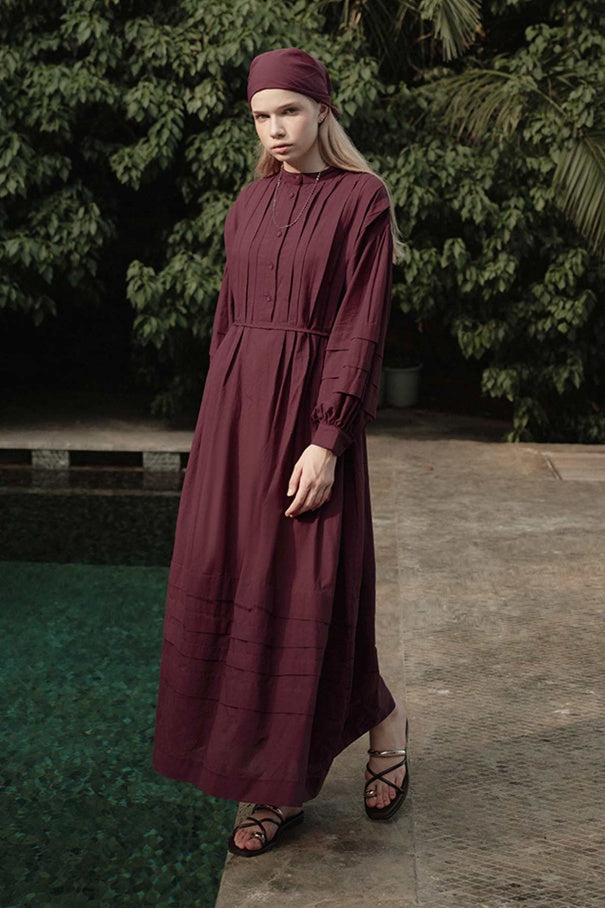 Zara - 100% Cotton Voile Long Dress with Pin-Tuck Details & Deep Burgundy