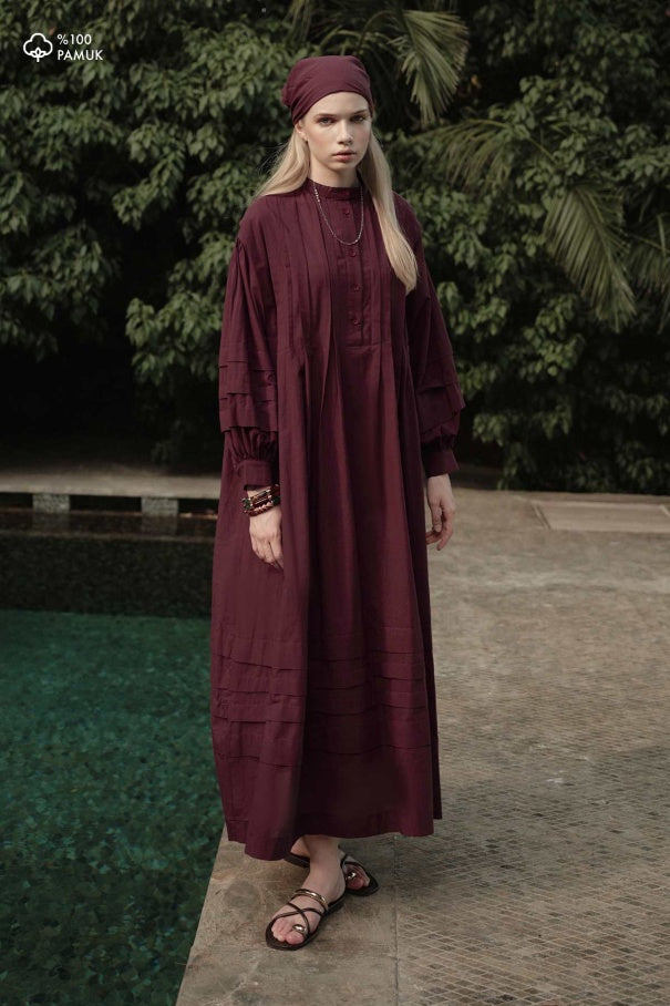 Zara - 100% Cotton Voile Long Dress with Pin-Tuck Details & Deep Burgundy