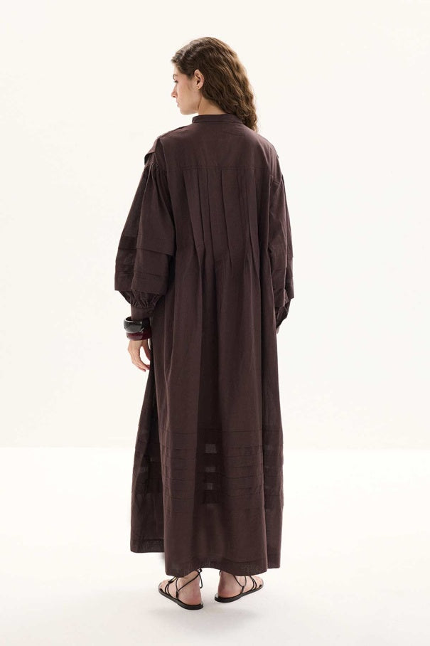 Zara - 100% Cotton Voile Long Dress with Pin-Tuck Details & Deep Brown