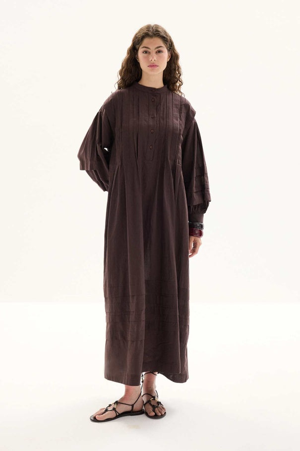 Zara - 100% Cotton Voile Long Dress with Pin-Tuck Details & Deep Brown
