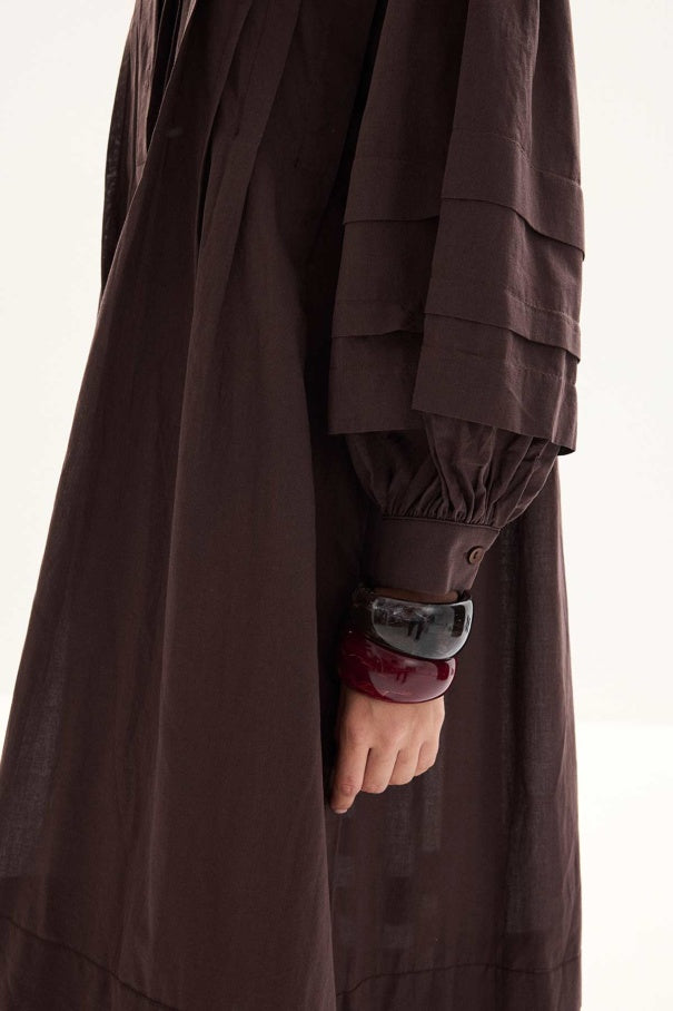 Zara - 100% Cotton Voile Long Dress with Pin-Tuck Details & Deep Brown
