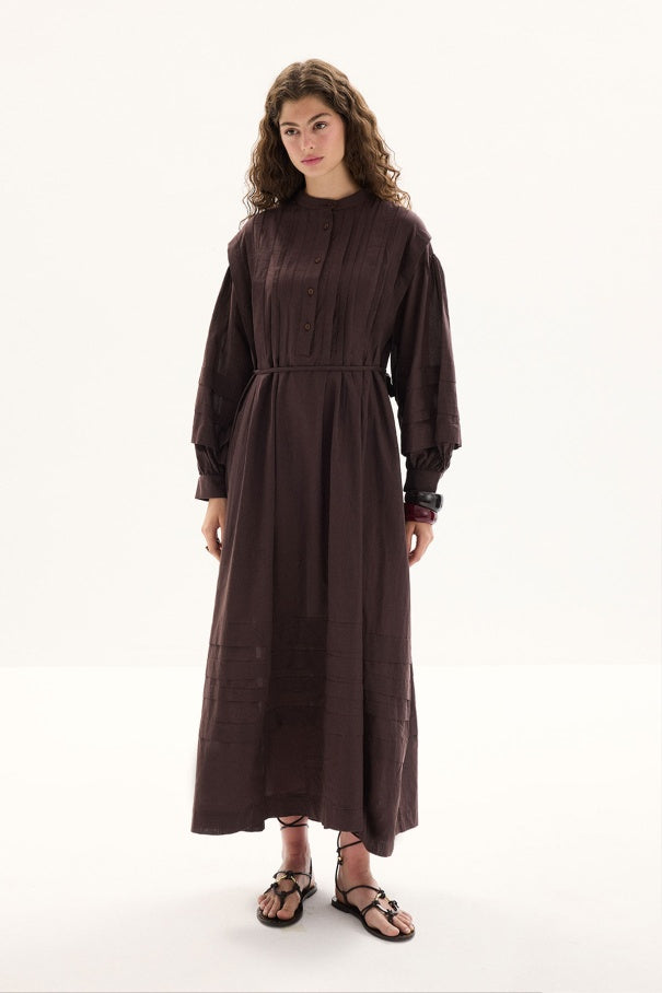 Zara - 100% Cotton Voile Long Dress with Pin-Tuck Details & Deep Brown