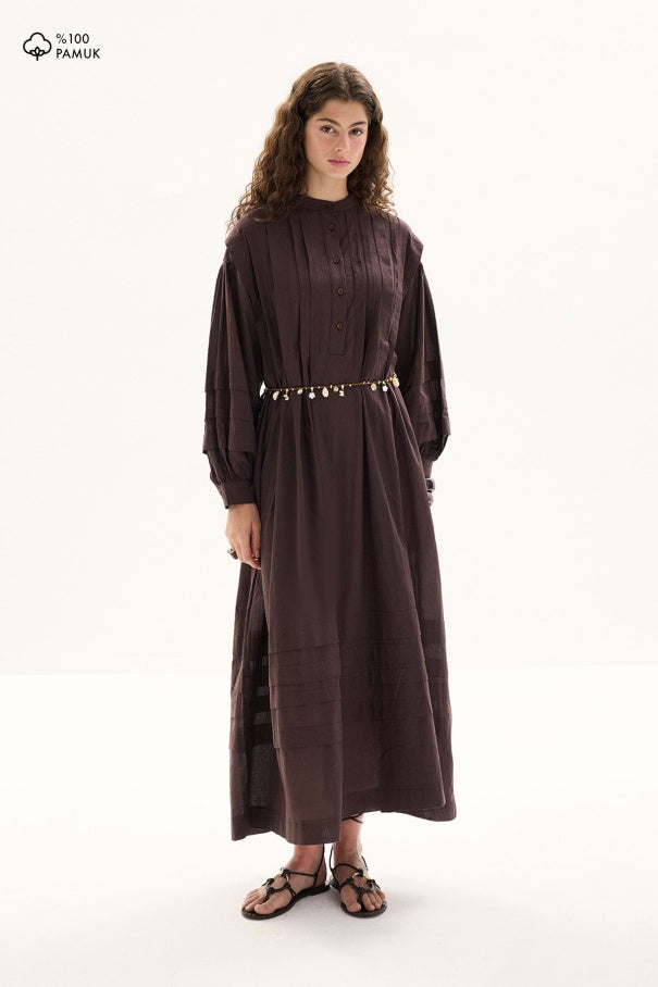Zara - 100% Cotton Voile Long Dress with Pin-Tuck Details & Deep Brown
