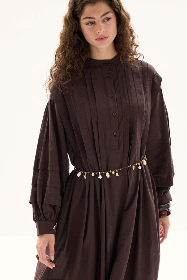 Zara - 100% Cotton Voile Long Dress with Pin-Tuck Details & Deep Brown