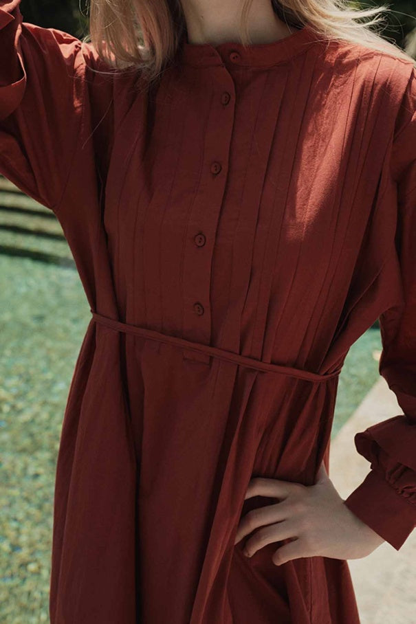 Zara - 100% Cotton Voile Long Dress with Pin-Tuck Details & Brick