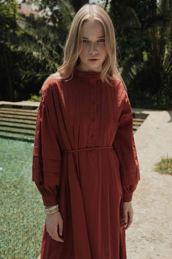 Zara - 100% Cotton Voile Long Dress with Pin-Tuck Details & Brick