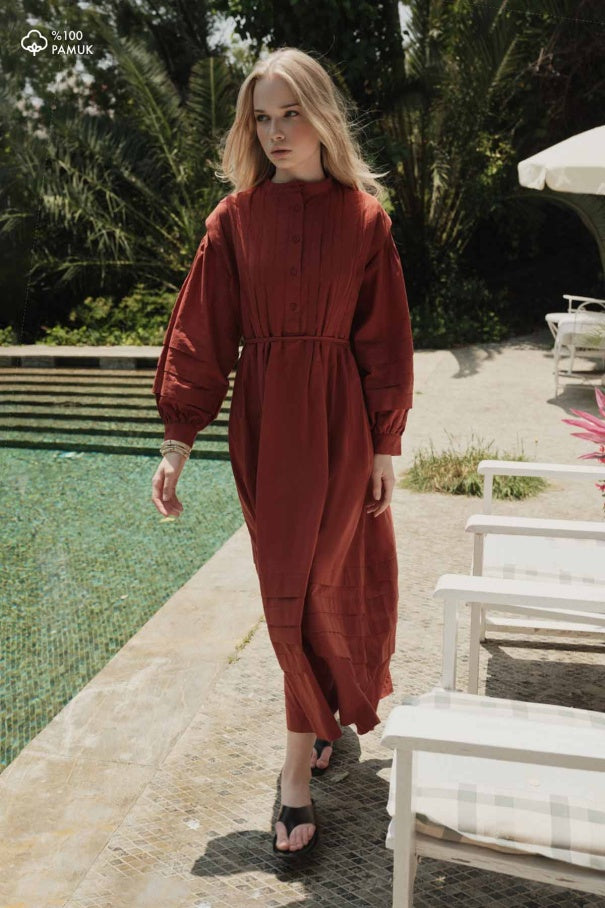 Zara - 100% Cotton Voile Long Dress with Pin-Tuck Details & Brick