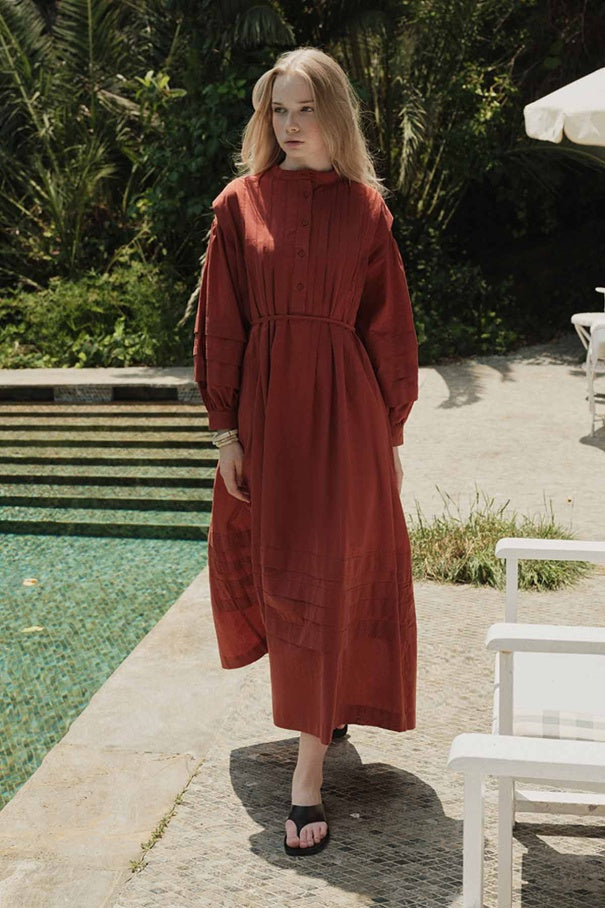 Zara - 100% Cotton Voile Long Dress with Pin-Tuck Details & Brick