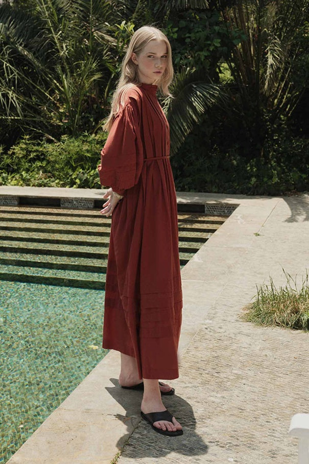 Zara - 100% Cotton Voile Long Dress with Pin-Tuck Details & Brick