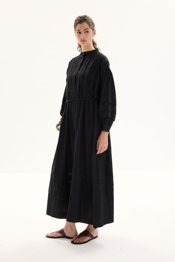 Zara - 100% Cotton Voile Long Dress with Pin-Tuck Details & Black