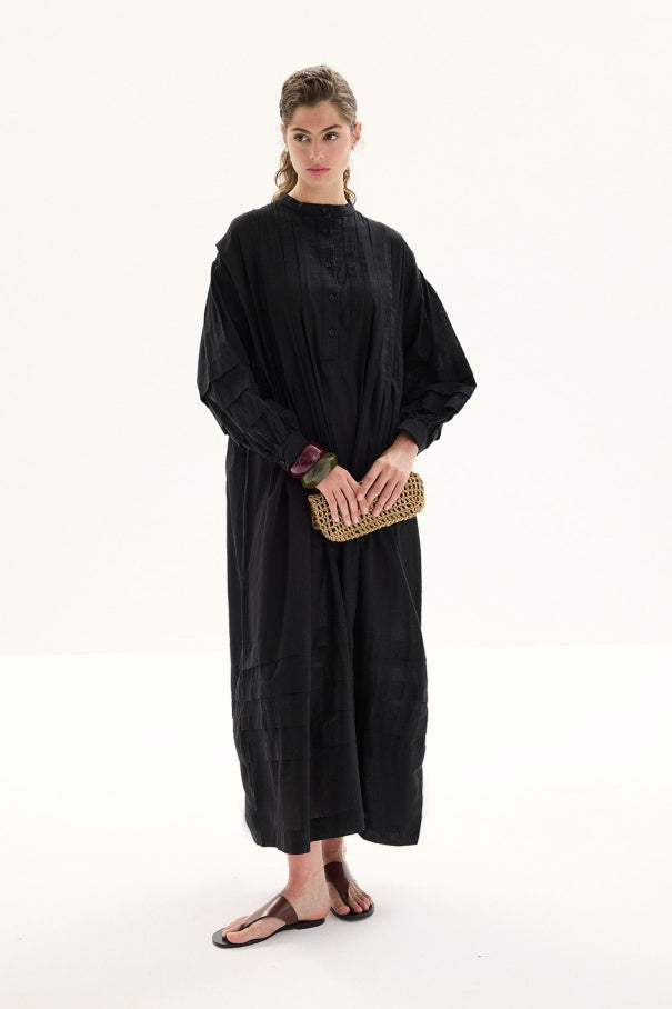 Zara - 100% Cotton Voile Long Dress with Pin-Tuck Details & Black