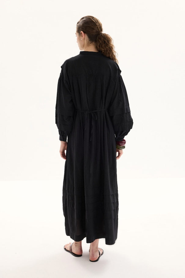 Zara - 100% Cotton Voile Long Dress with Pin-Tuck Details & Black