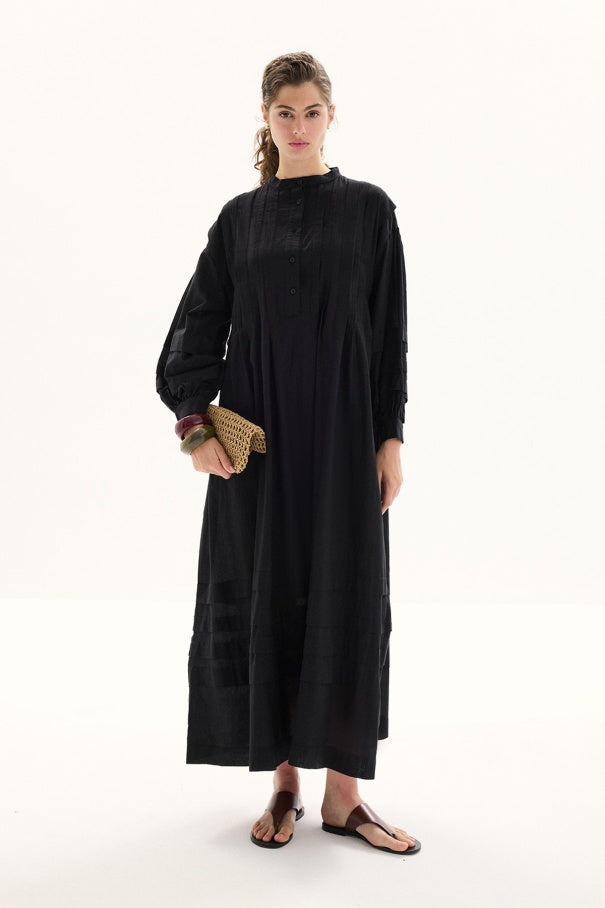 Zara - 100% Cotton Voile Long Dress with Pin-Tuck Details & Black