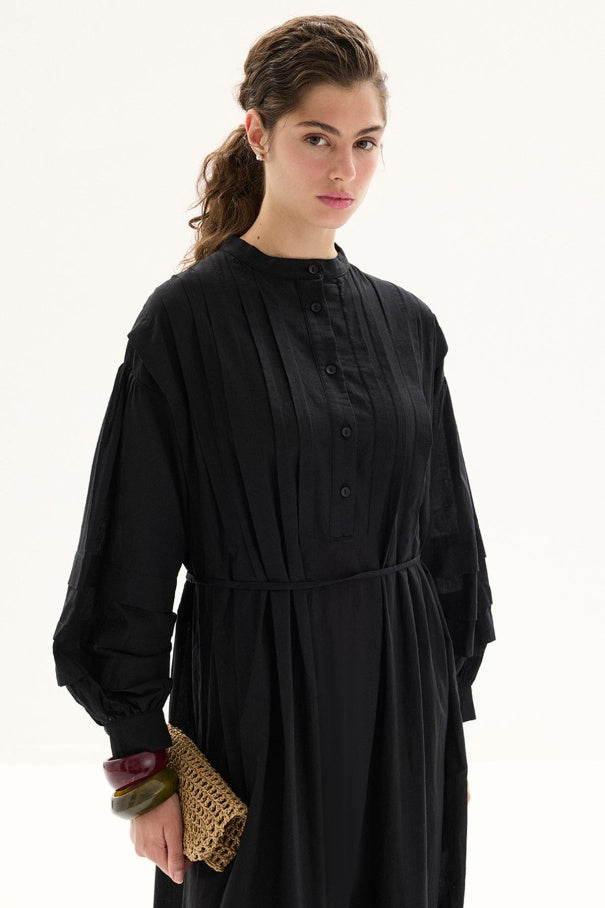 Zara - 100% Cotton Voile Long Dress with Pin-Tuck Details & Black