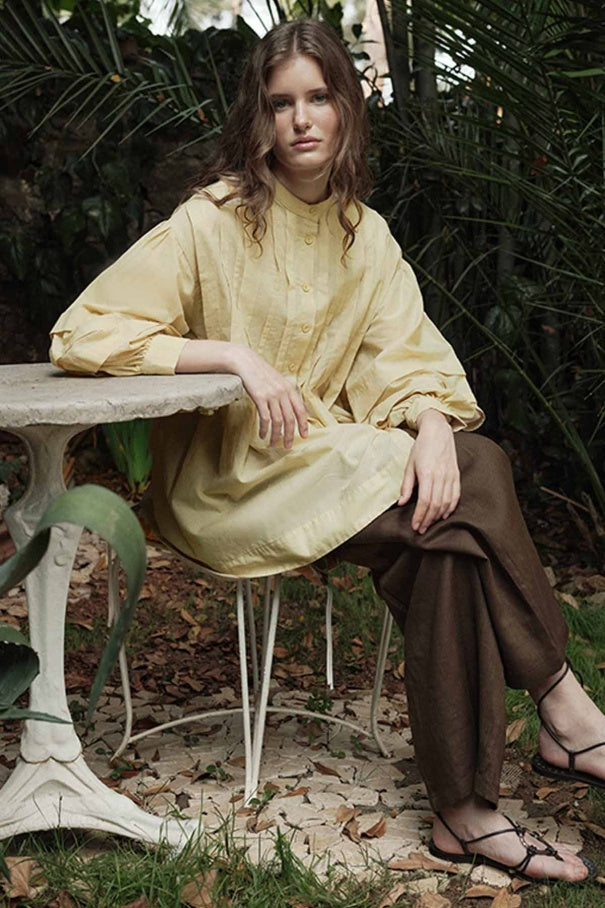 Niva - 100% Cotton Voile Shirt with Pin-Tuck Details & Butter Yellow
