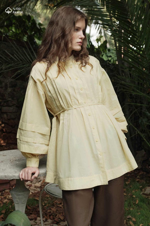 Niva - 100% Cotton Voile Shirt with Pin-Tuck Details & Butter Yellow